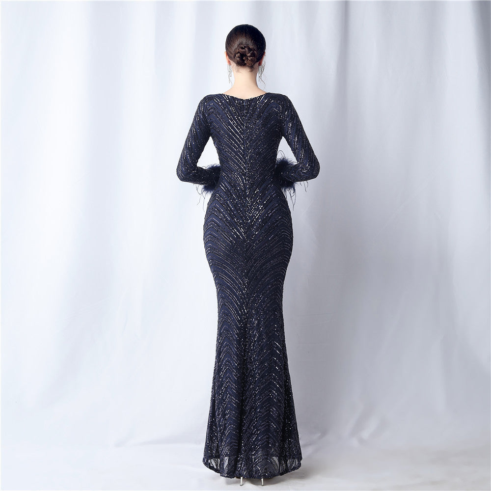 Ostrich Fur Long Sleeve Formal Dress