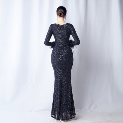 Ostrich Fur Long Sleeve Formal Dress