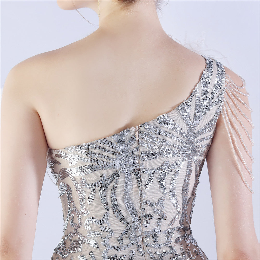 Fur Slant Neck One Shoulder Formal Dress