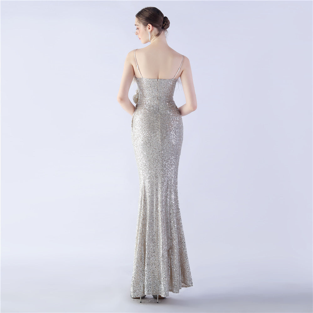 Fur Crafted Flower Formal Dress