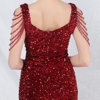 ベルベット裏地ビーズ付きフォーマルドレス