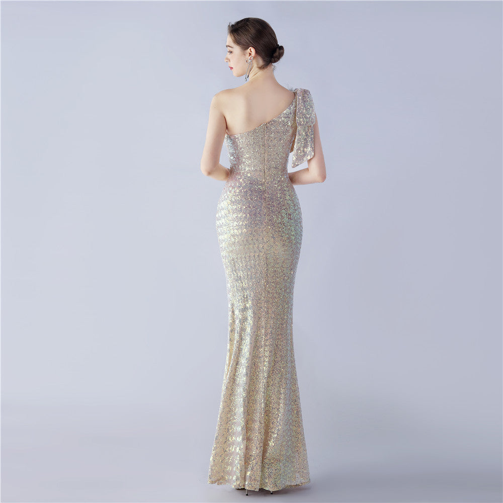 Fur Sequin One Shoulder Formal Dress