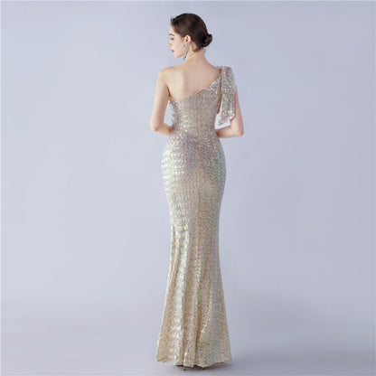 Fur Sequin One Shoulder Formal Dress
