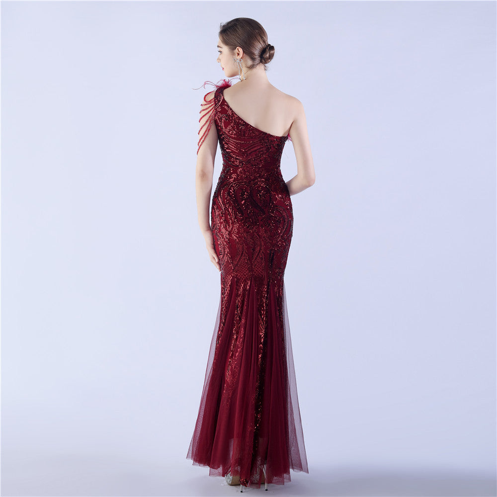 Beaded and Ostrich Fur Sequined Formal Dress