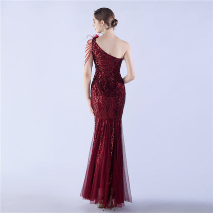 Beaded and Ostrich Fur Sequined Formal Dress