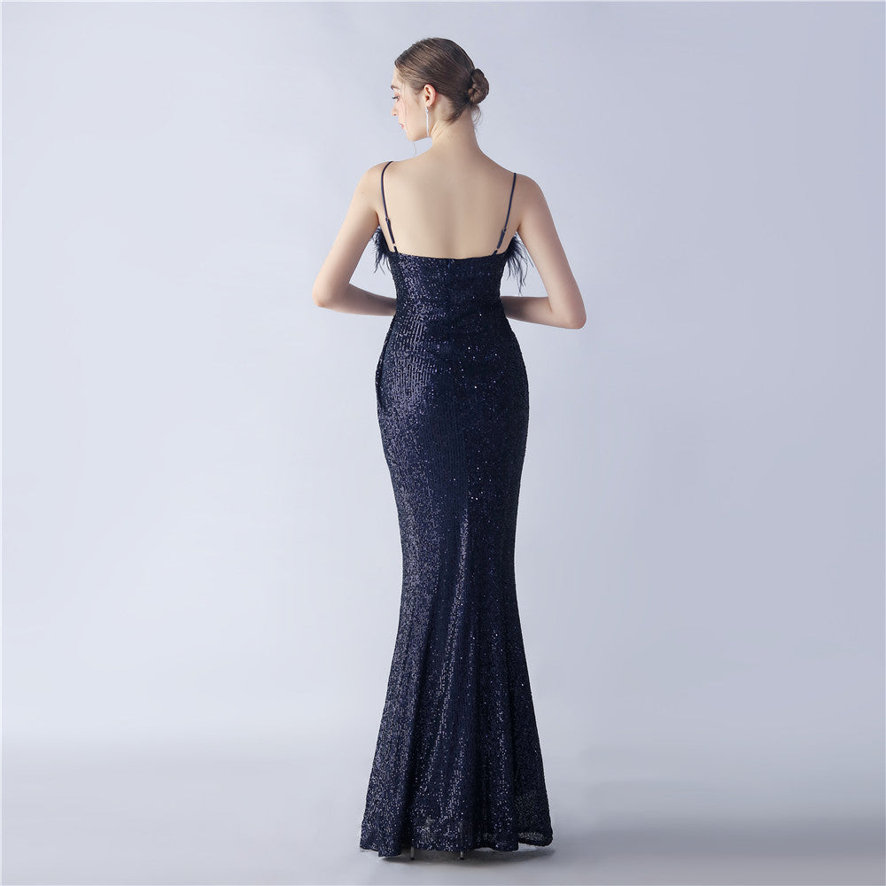Ostrich Beaded Side Split Formal Dress