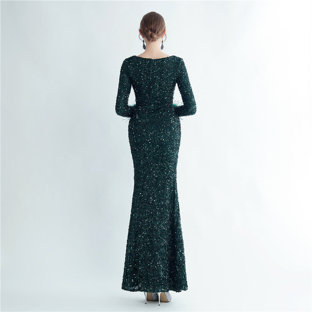 Split Long Sleeve Sequin Formal Dress