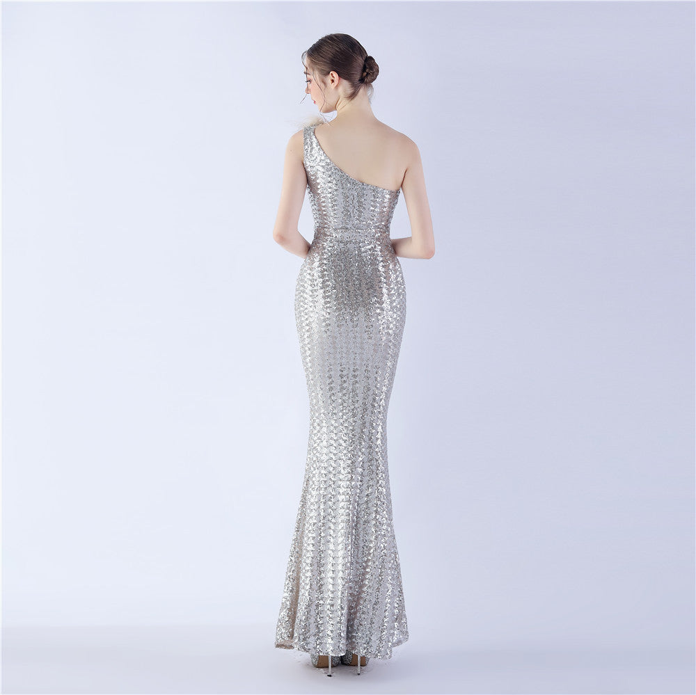 Ostrich Fur One-Shoulder Slant Neck Beaded Maxi Formal Dress