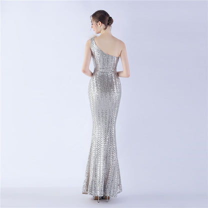 Ostrich Fur One-Shoulder Slant Neck Beaded Maxi Formal Dress