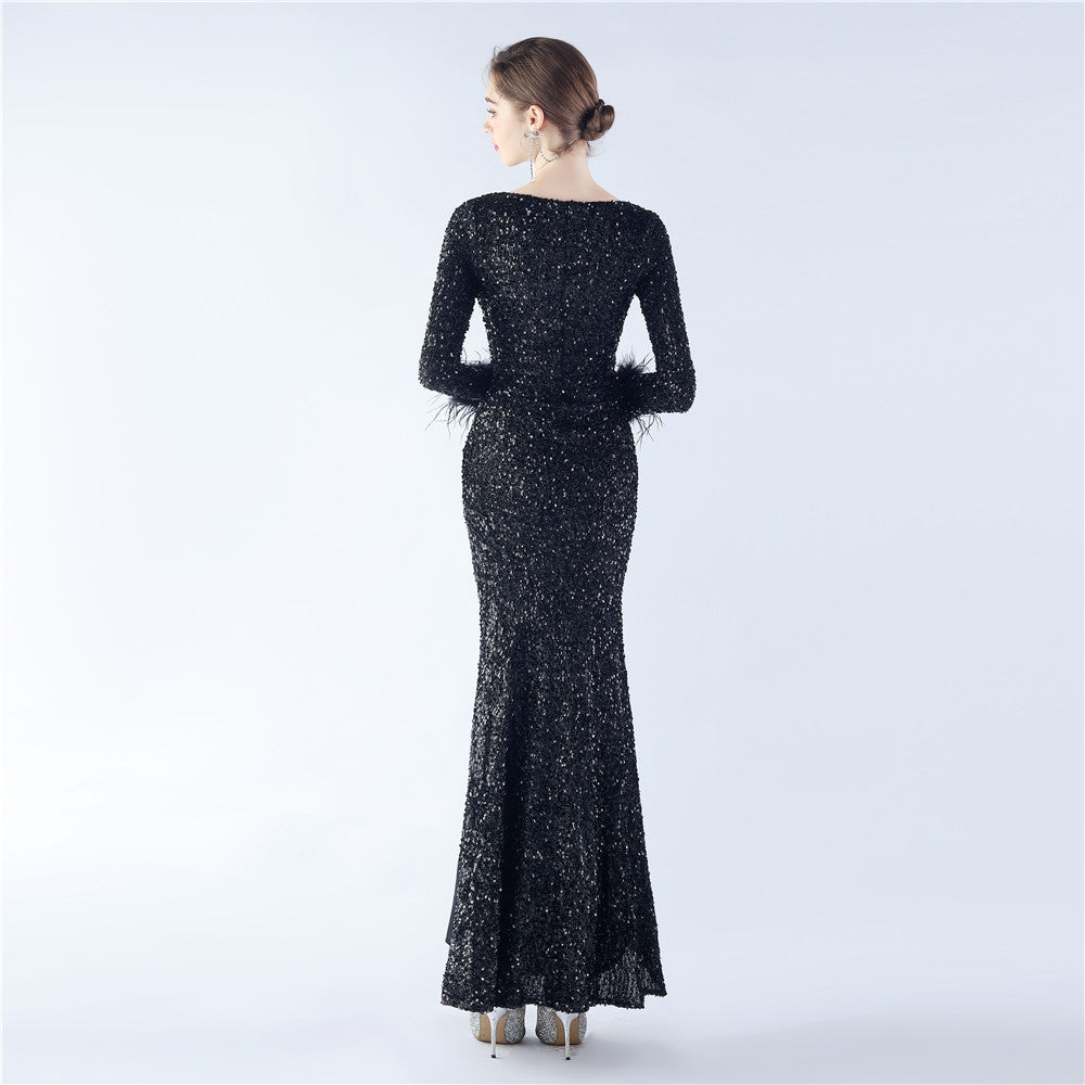 Ostrich Fur Long Sleeve Formal Dress