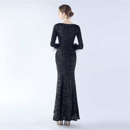 Ostrich Fur Long Sleeve Formal Dress