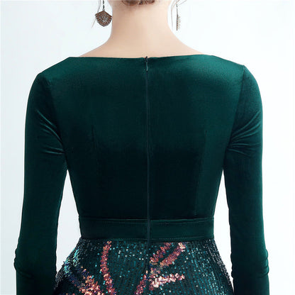 Ostrich Beaded Velvet Side Split Formal Dress