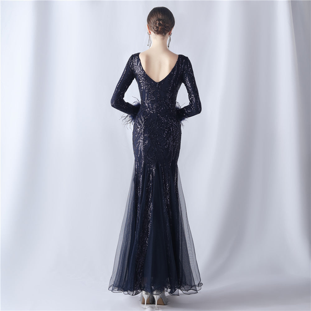 Ostrich Fur Mesh Beaded Formal Dresses