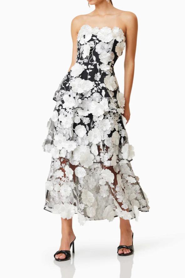 Selene 3D flower Tiered Maxi Dress In Black