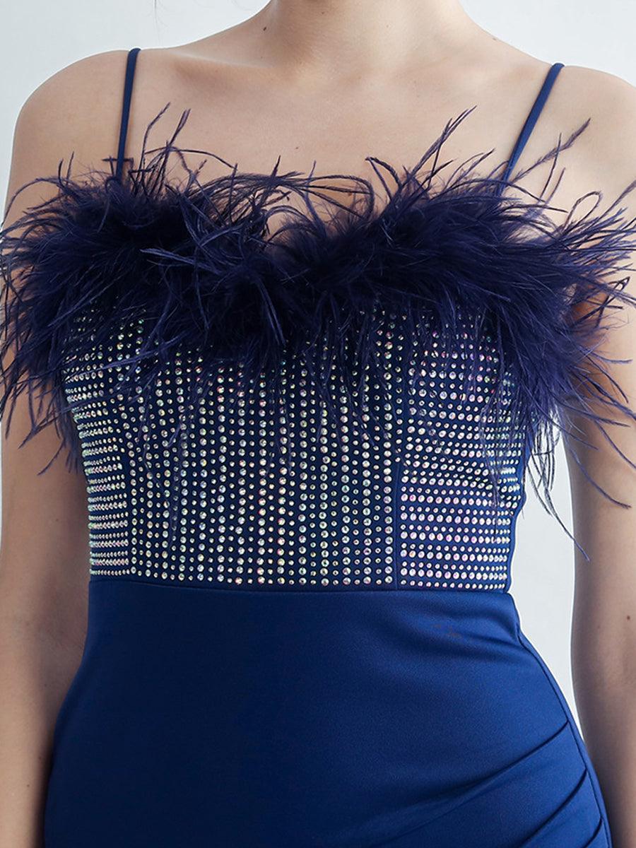 Feather Spaghetti Rhinestone Formal Dress