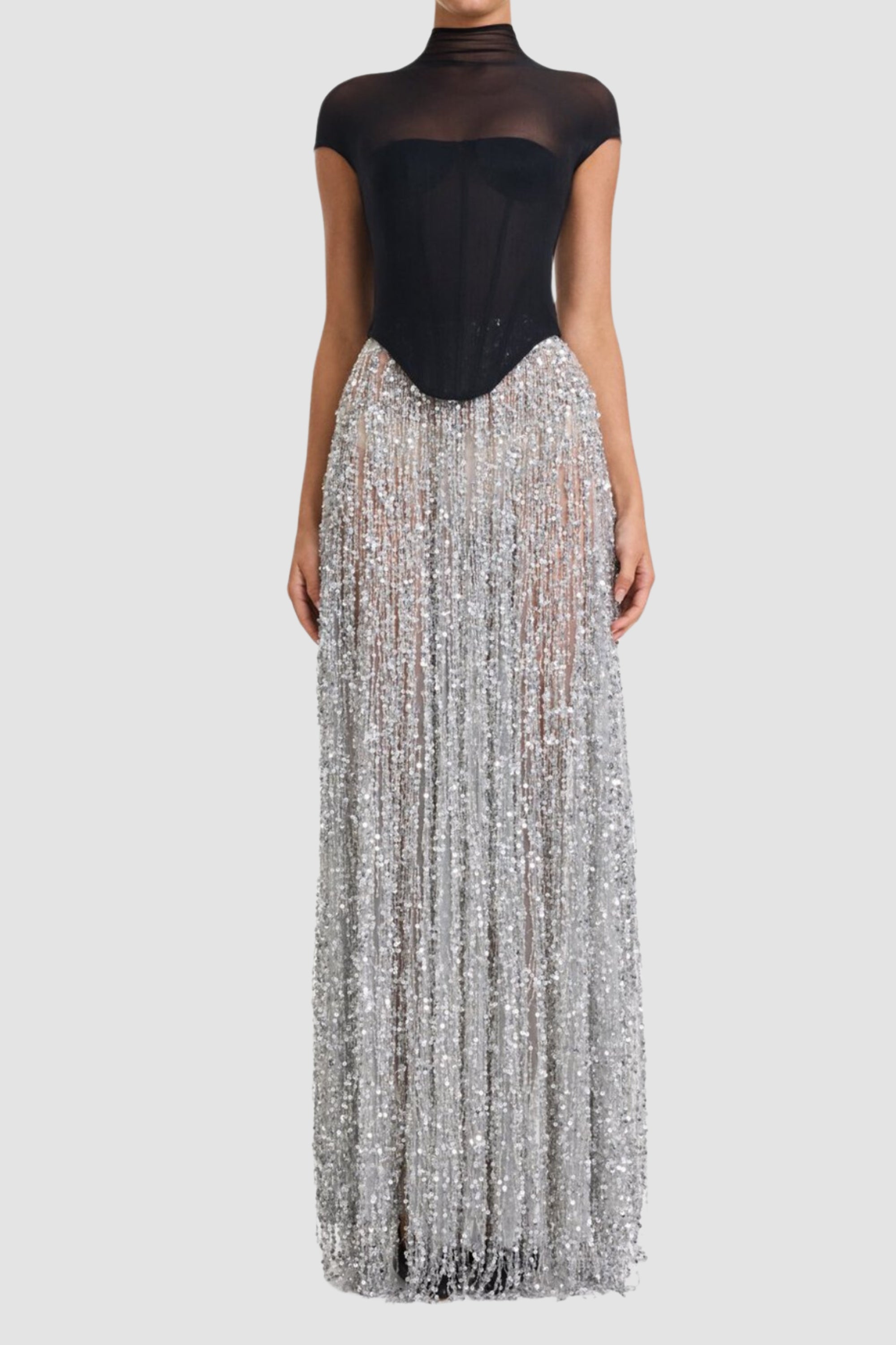 tassel sequin black corset maxi dress