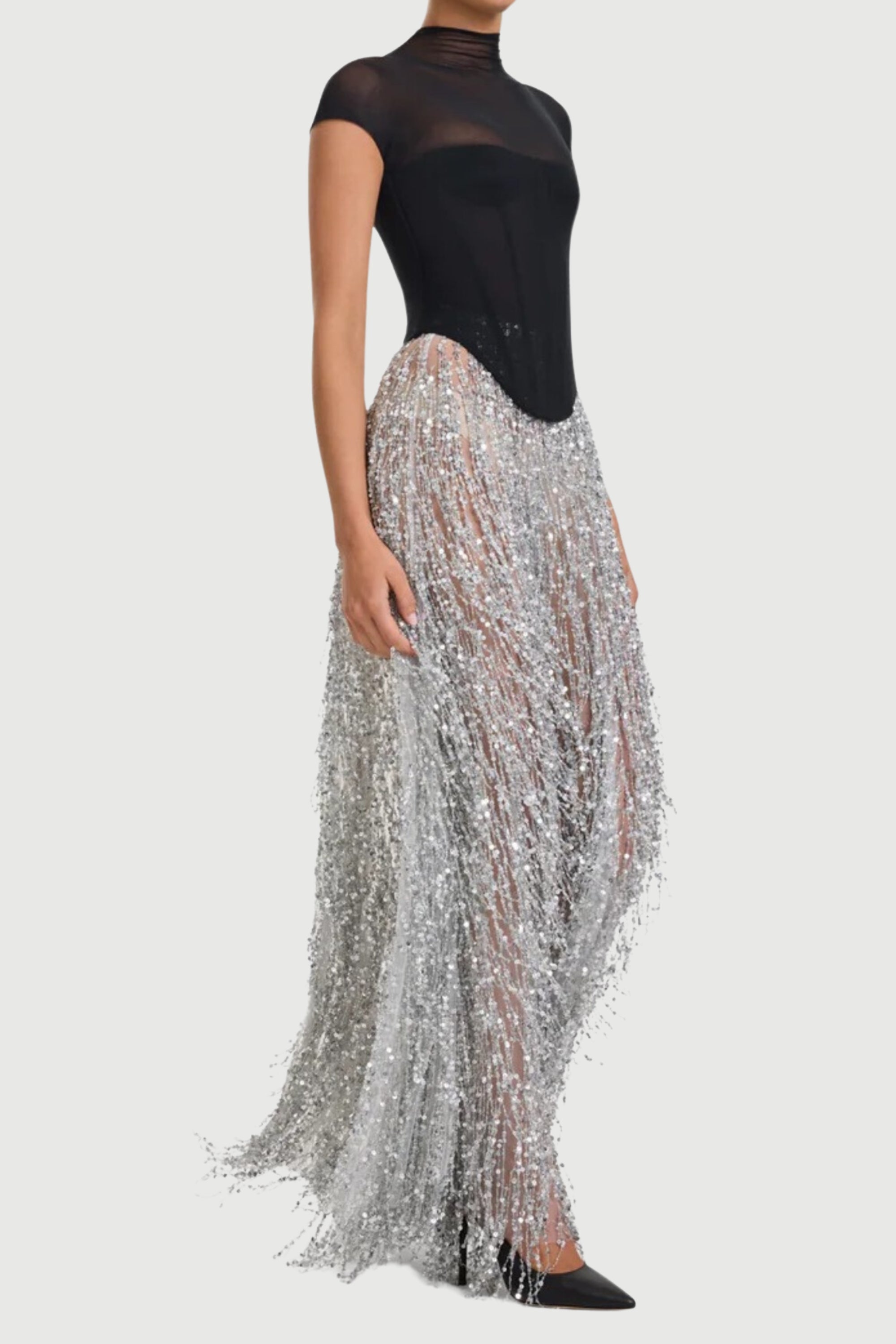 tassel sequin black corset maxi dress