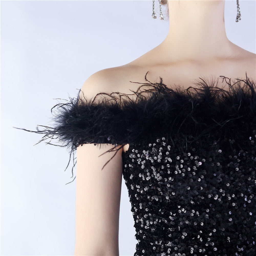 Fur One Shoulder Formal Dress