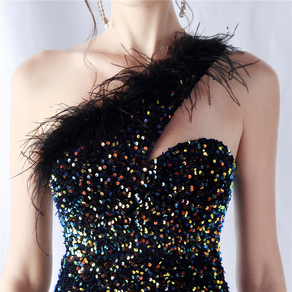 Ostrich Velvet Bottom One Shoulder Formal Dress