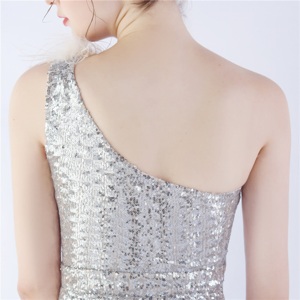 Ostrich Fur One-Shoulder Slant Neck Beaded Maxi Formal Dress