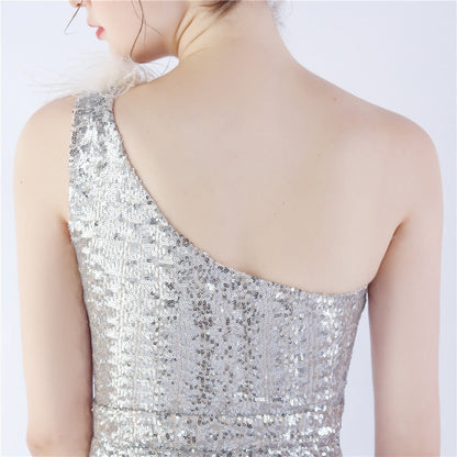 Ostrich Fur One-Shoulder Slant Neck Beaded Maxi Formal Dress