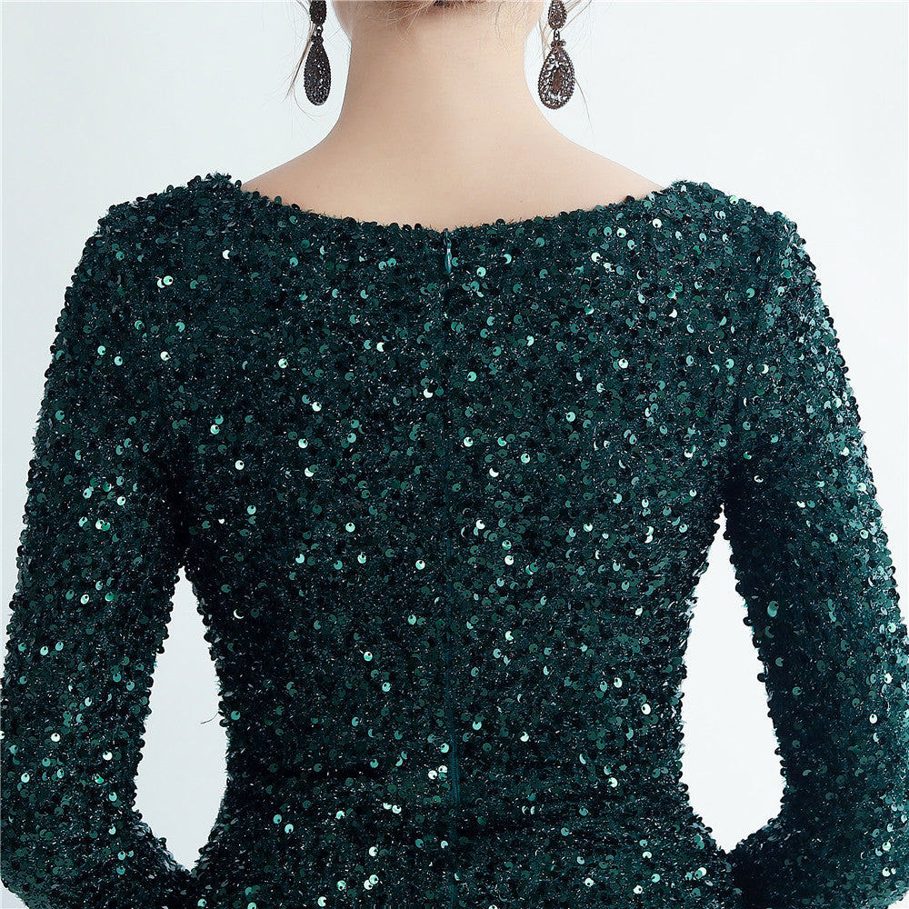 Split Long Sleeve Sequin Formal Dress