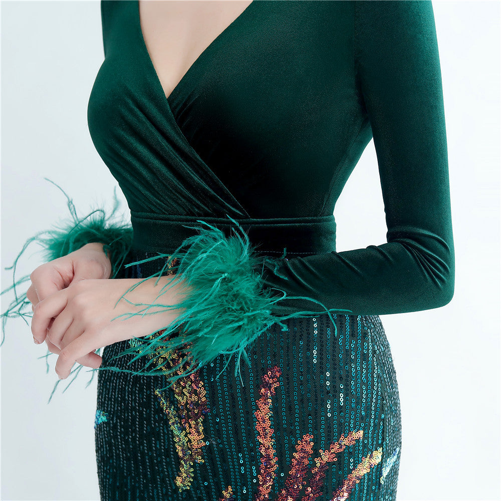 Ostrich Beaded Velvet Side Split Formal Dress