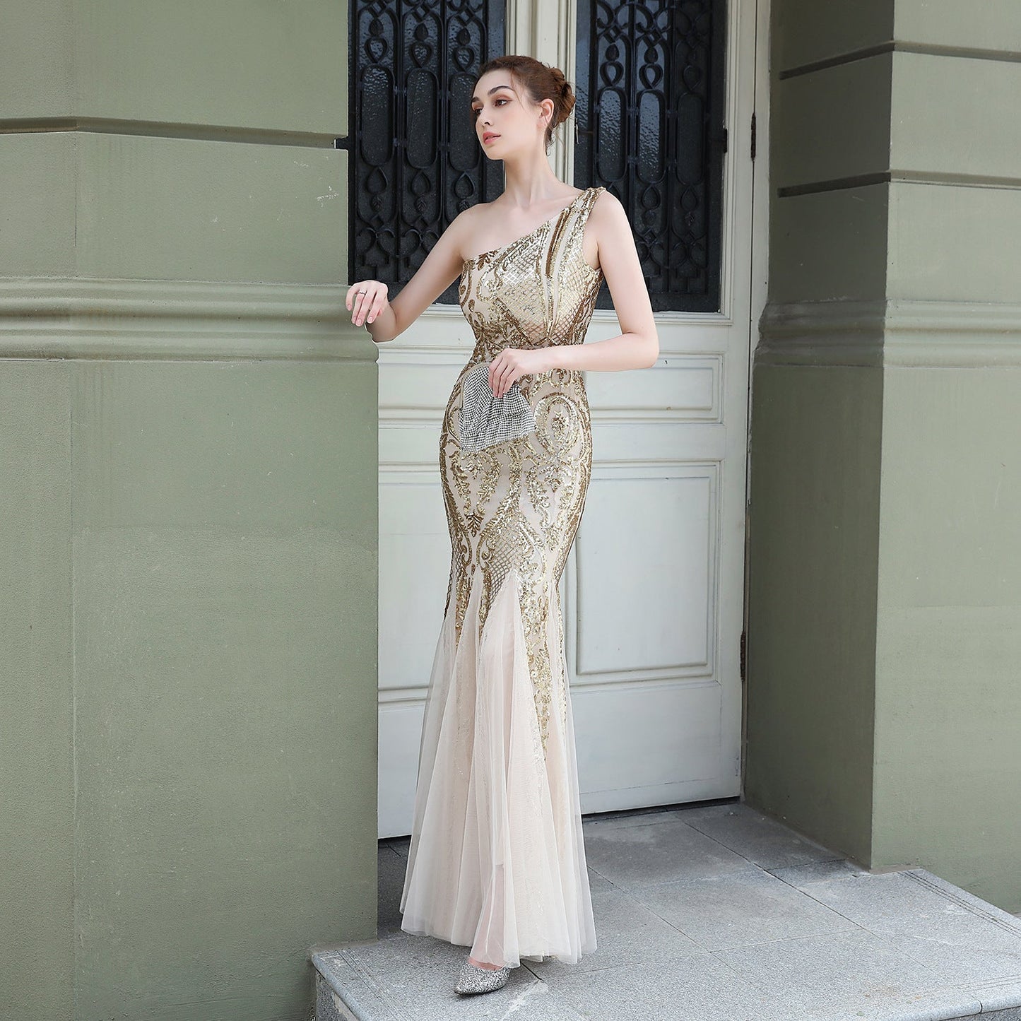 One Shoulder Beaded Formal Dress