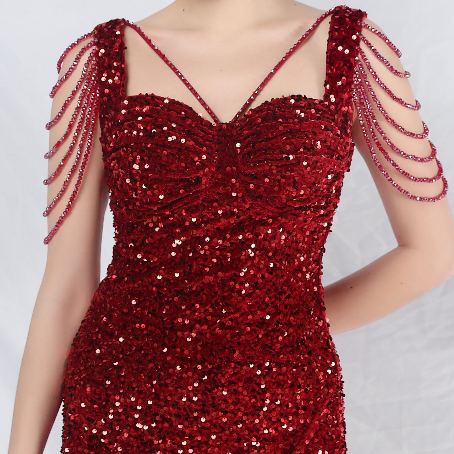 ベルベット裏地ビーズ付きフォーマルドレス