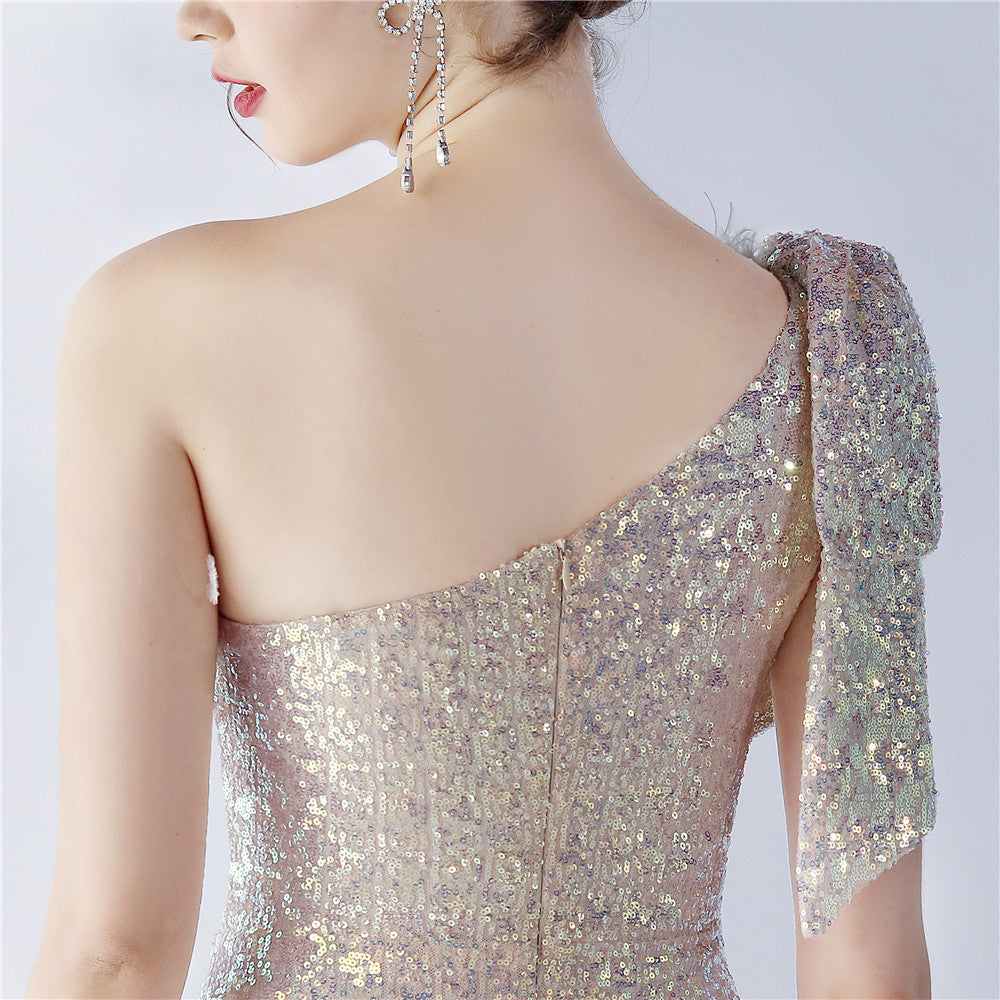 Fur Sequin One Shoulder Formal Dress