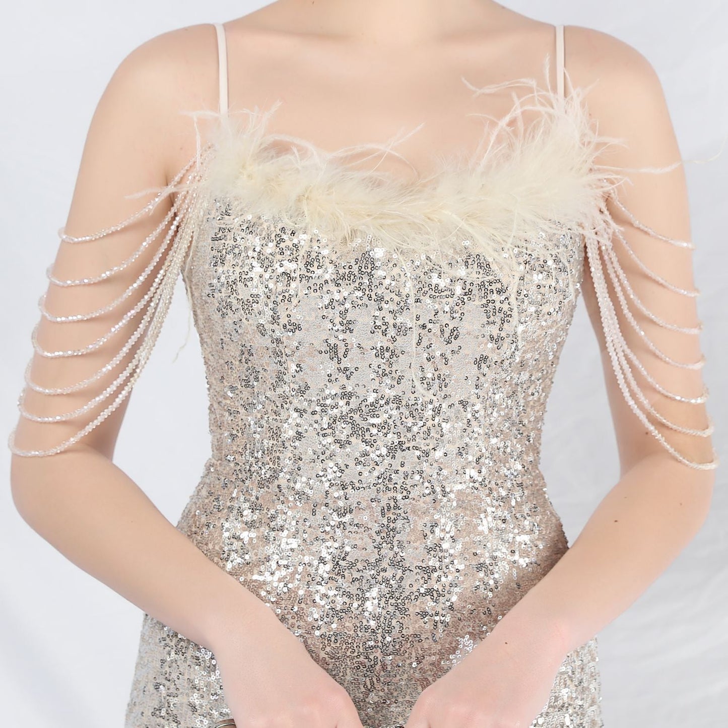 Ostrich Fur Illusion Beaded Formal Dress