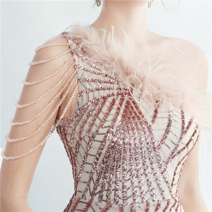 Fur Layered Beaded Formal Dress