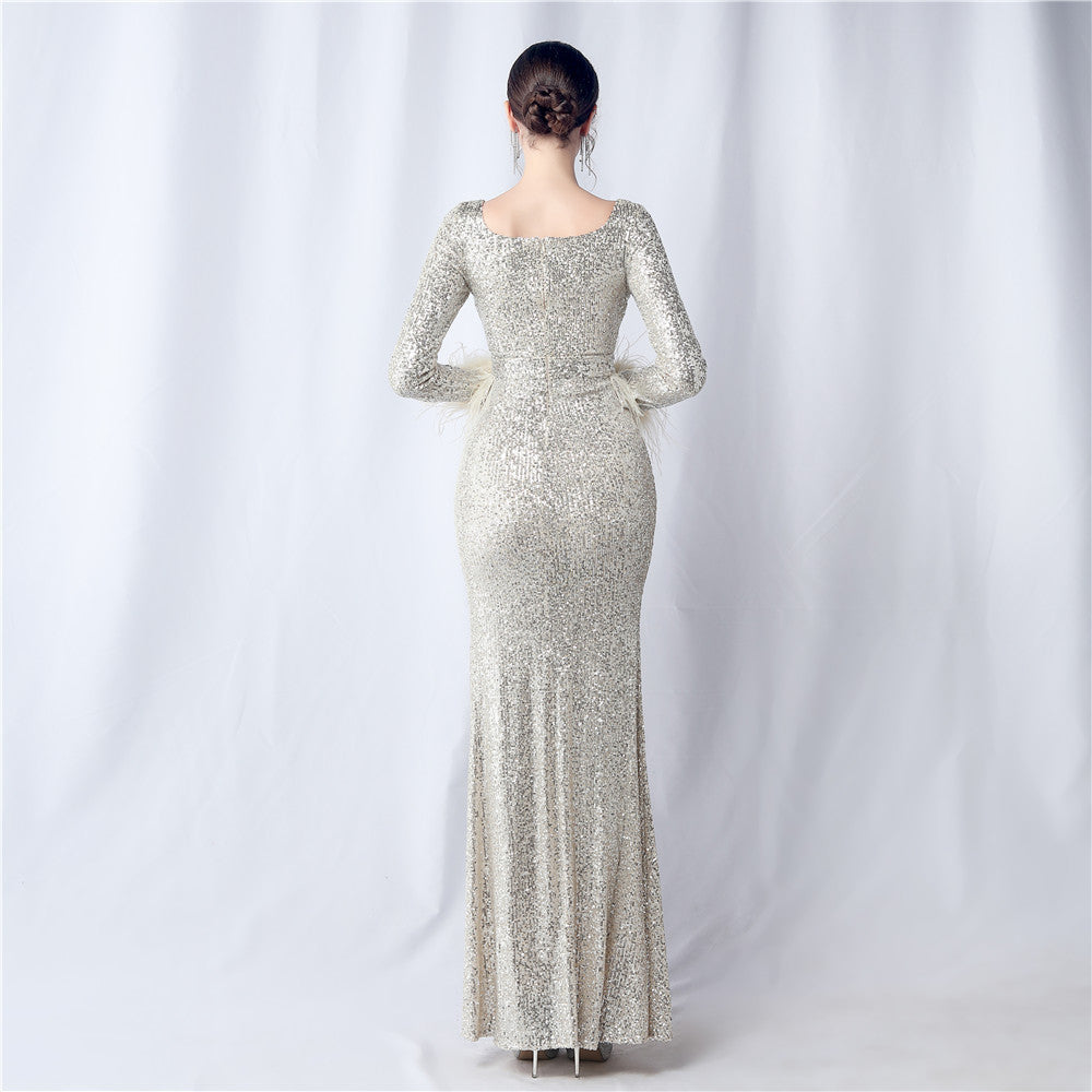 Ostrich Fur Long Sleeve Formal Dress