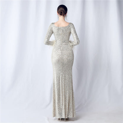 Ostrich Fur Long Sleeve Formal Dress