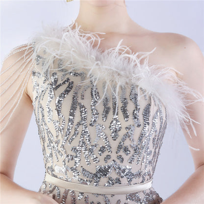 Fur Slant Neck One Shoulder Formal Dress