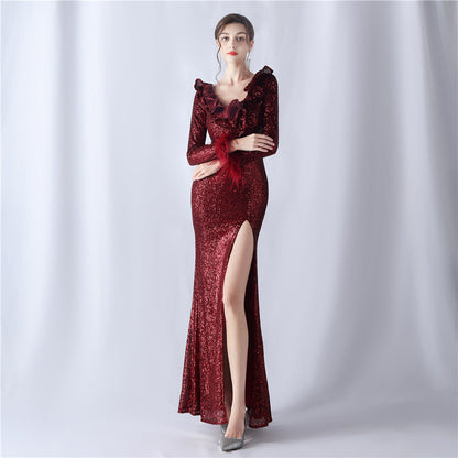 Ostrich Wave Beaded Formal Dress