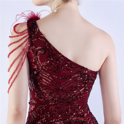 Beaded and Ostrich Fur Sequined Formal Dress