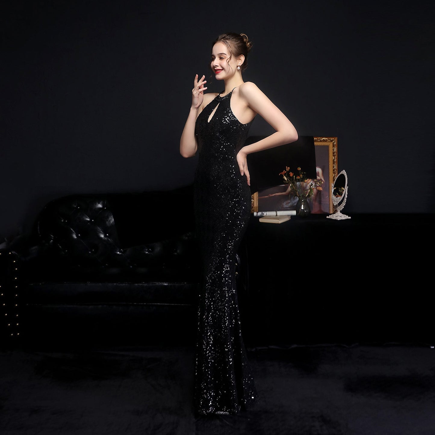 Long Neck Stapled Formal Dresses