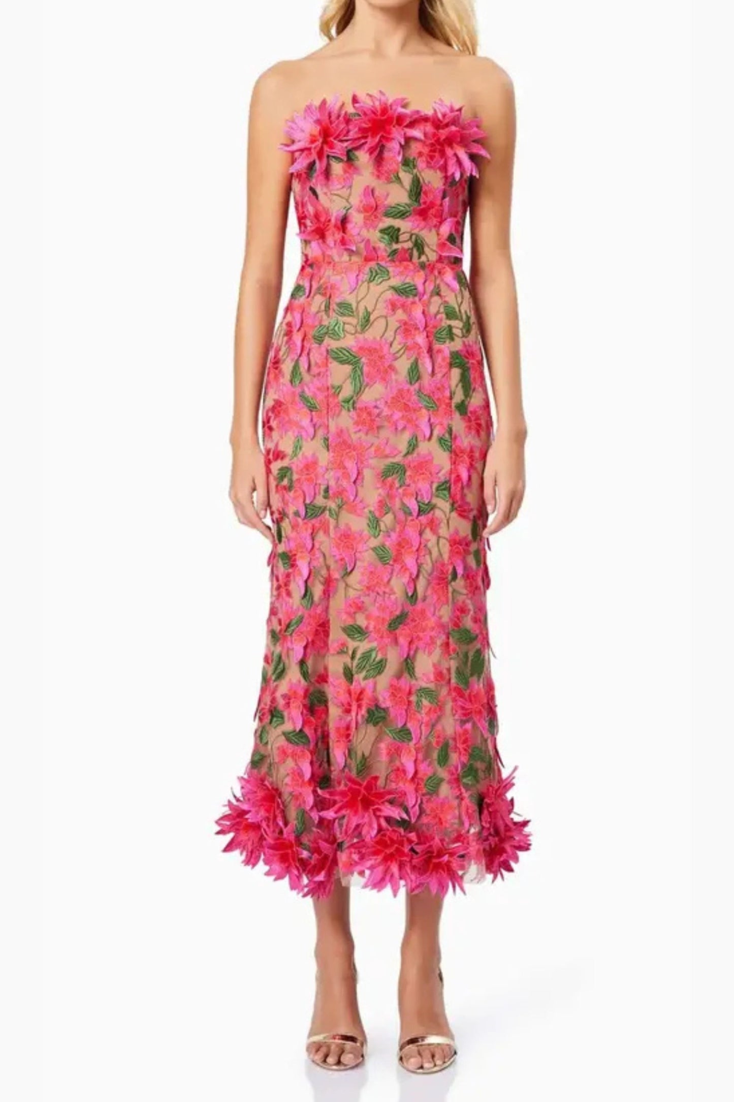 Abito midi senza spalline con ricamo floreale 3D in rosso rosa