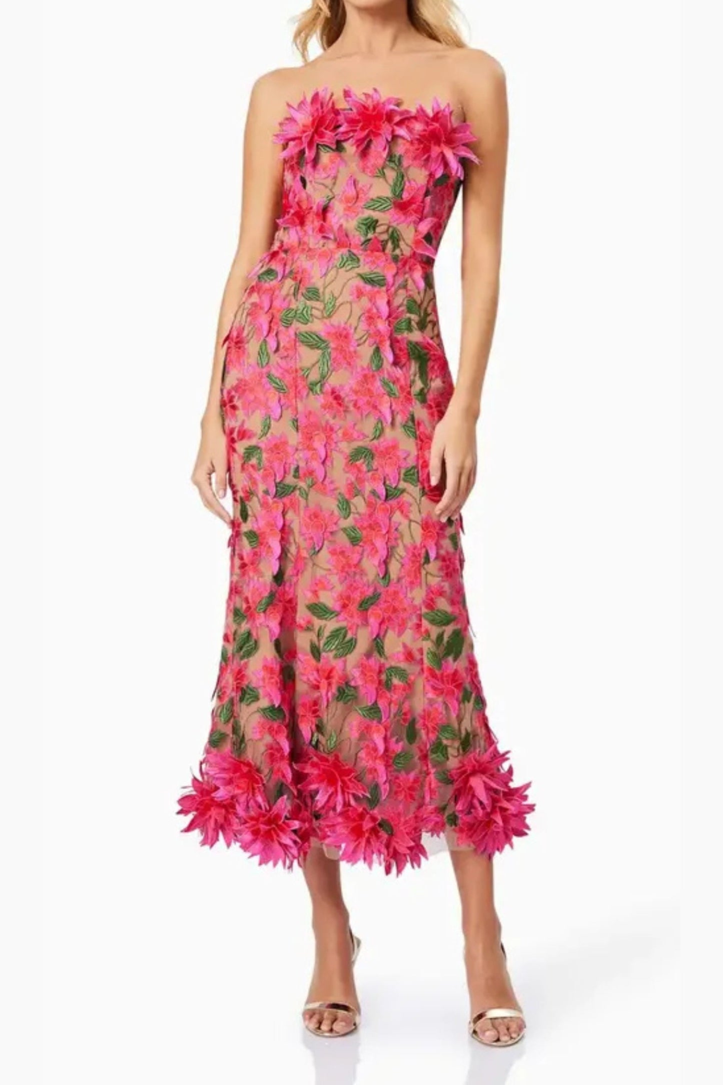 Abito midi senza spalline con ricamo floreale 3D in rosso rosa