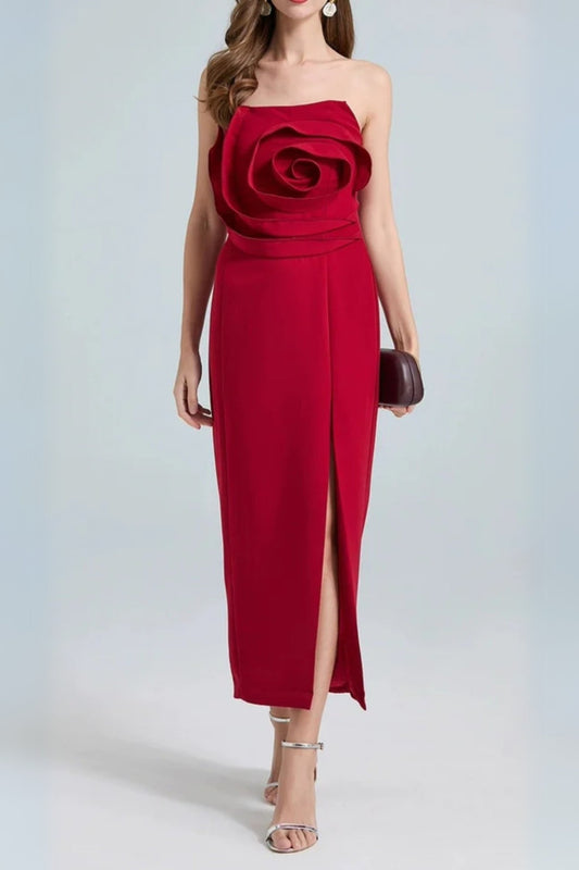 ミシェル 3Dフラワー ストラップレス ミディドレス（レッド）