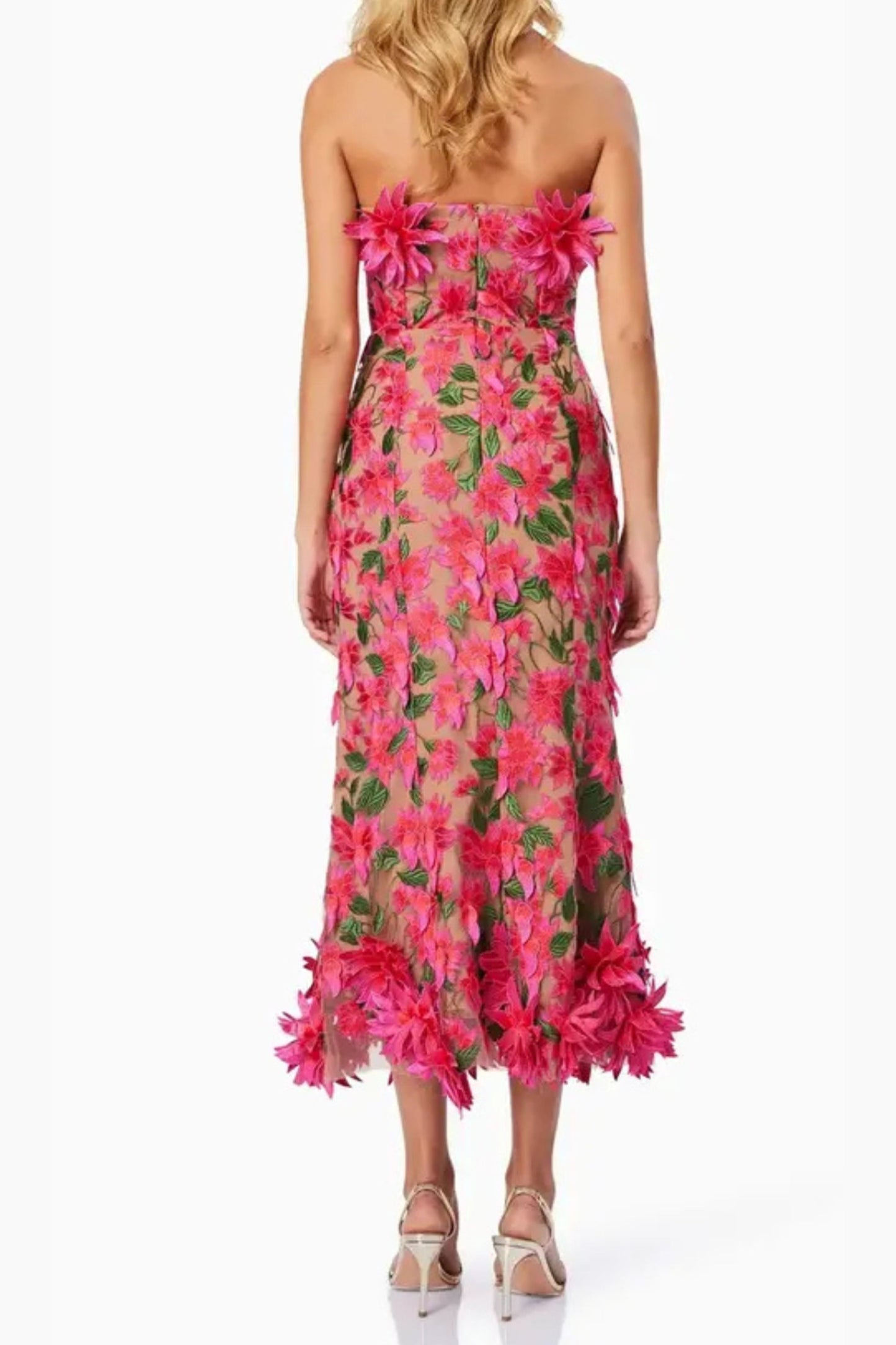 Abito midi senza spalline con ricamo floreale 3D in rosso rosa