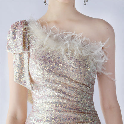 Fur Sequin One Shoulder Formal Dress