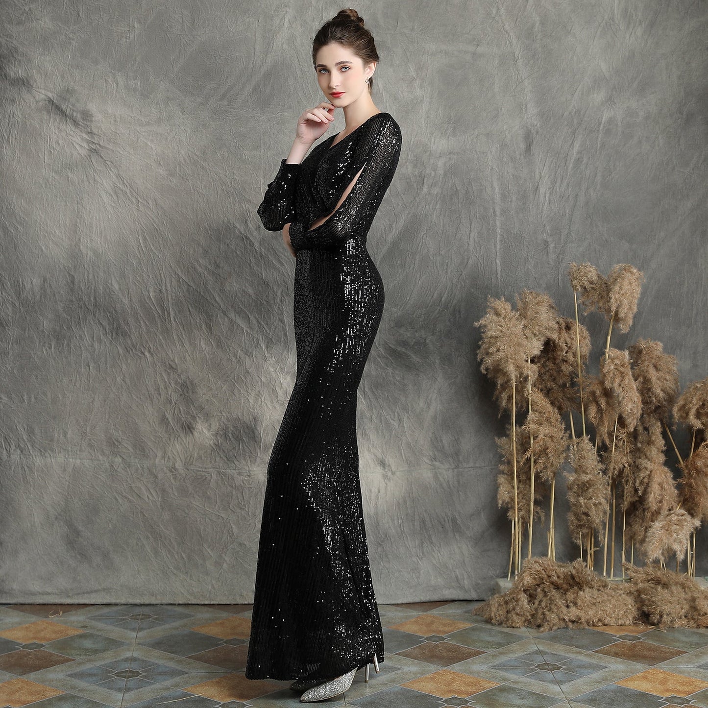 Sleeve Sequin Formal Dress