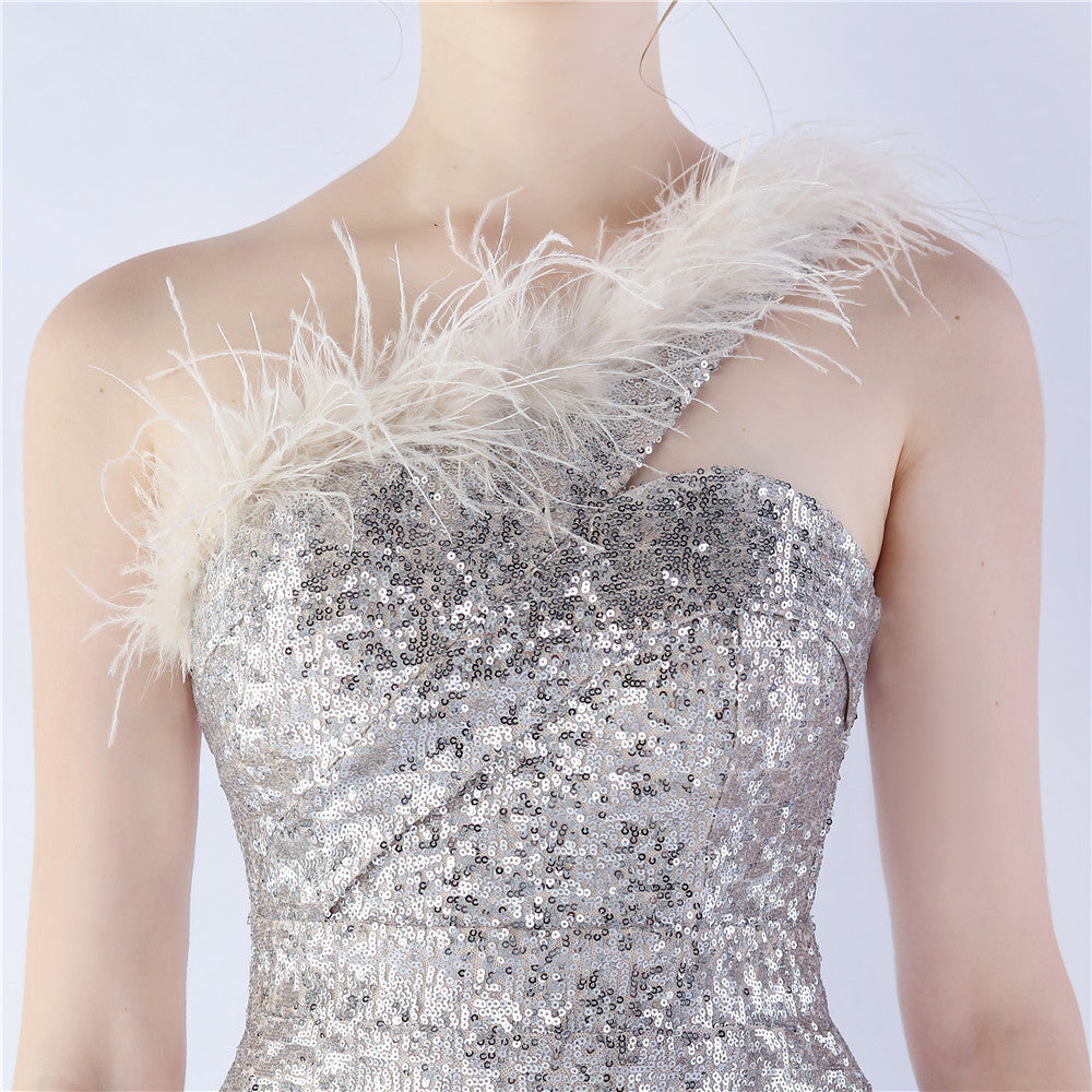 Ostrich Fur One-Shoulder Slant Neck Beaded Maxi Formal Dress