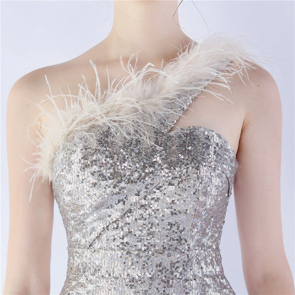 Ostrich Fur One-Shoulder Slant Neck Beaded Maxi Formal Dress