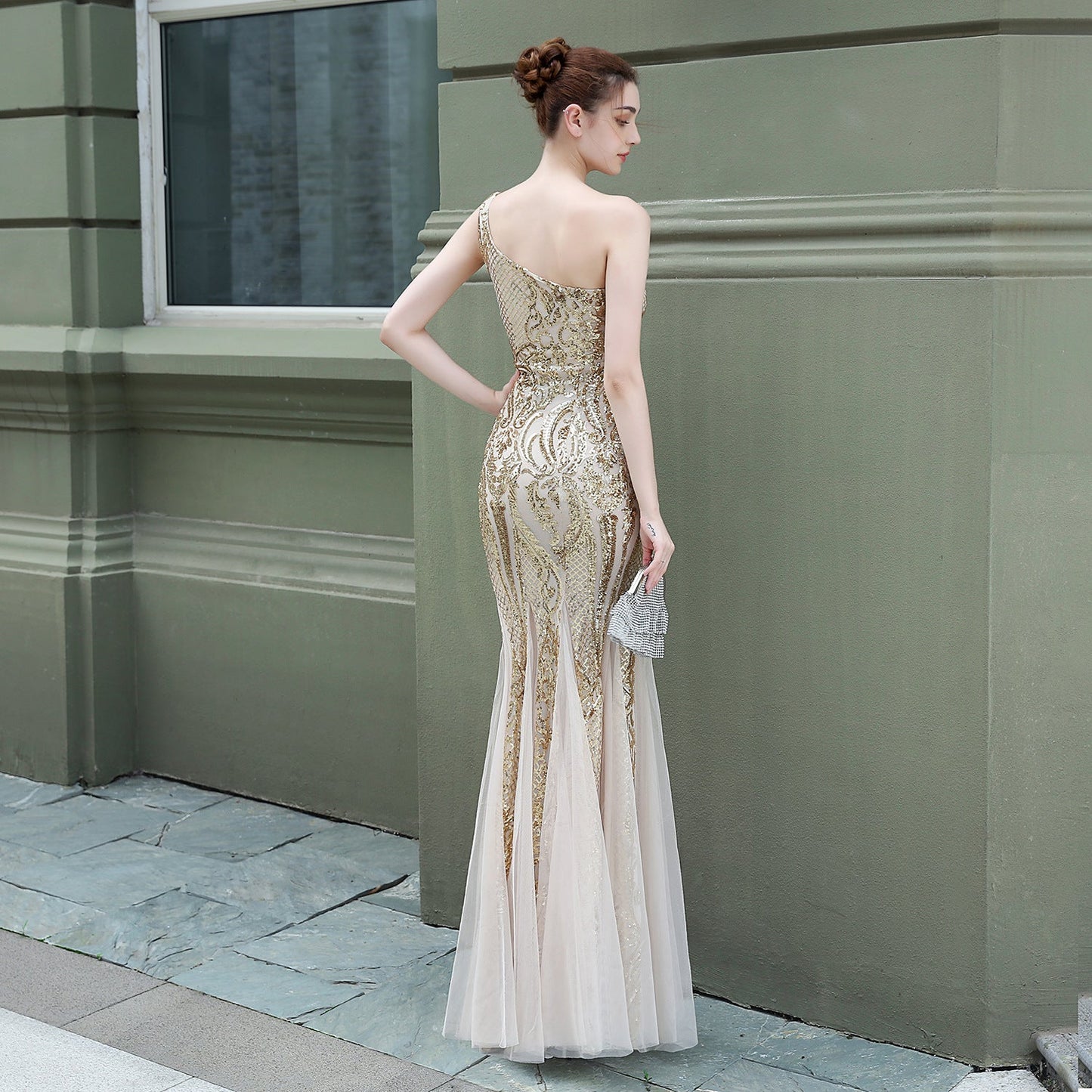 One Shoulder Beaded Formal Dress