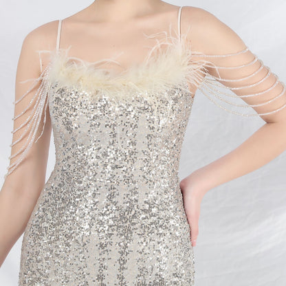 Ostrich Fur Illusion Beaded Formal Dress
