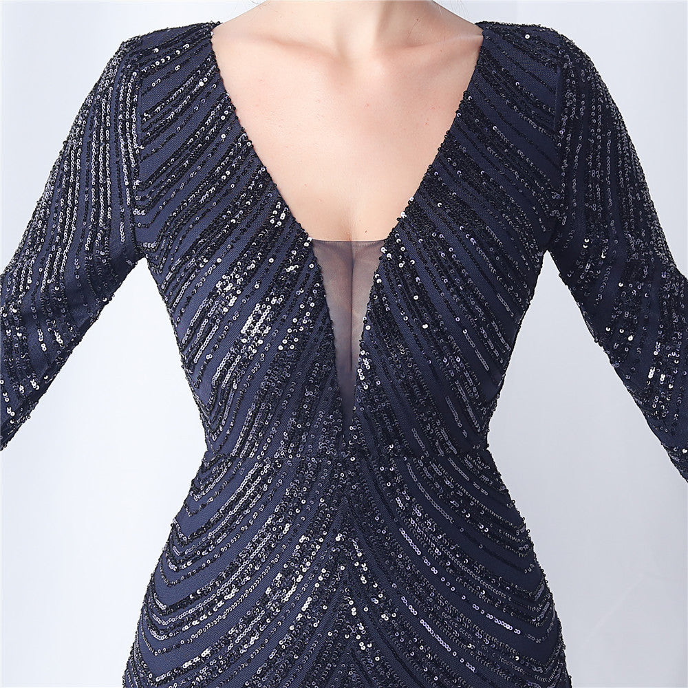 Ostrich Fur Long Sleeve Formal Dress