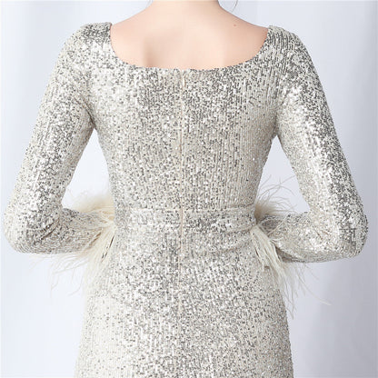 Ostrich Fur Long Sleeve Formal Dress